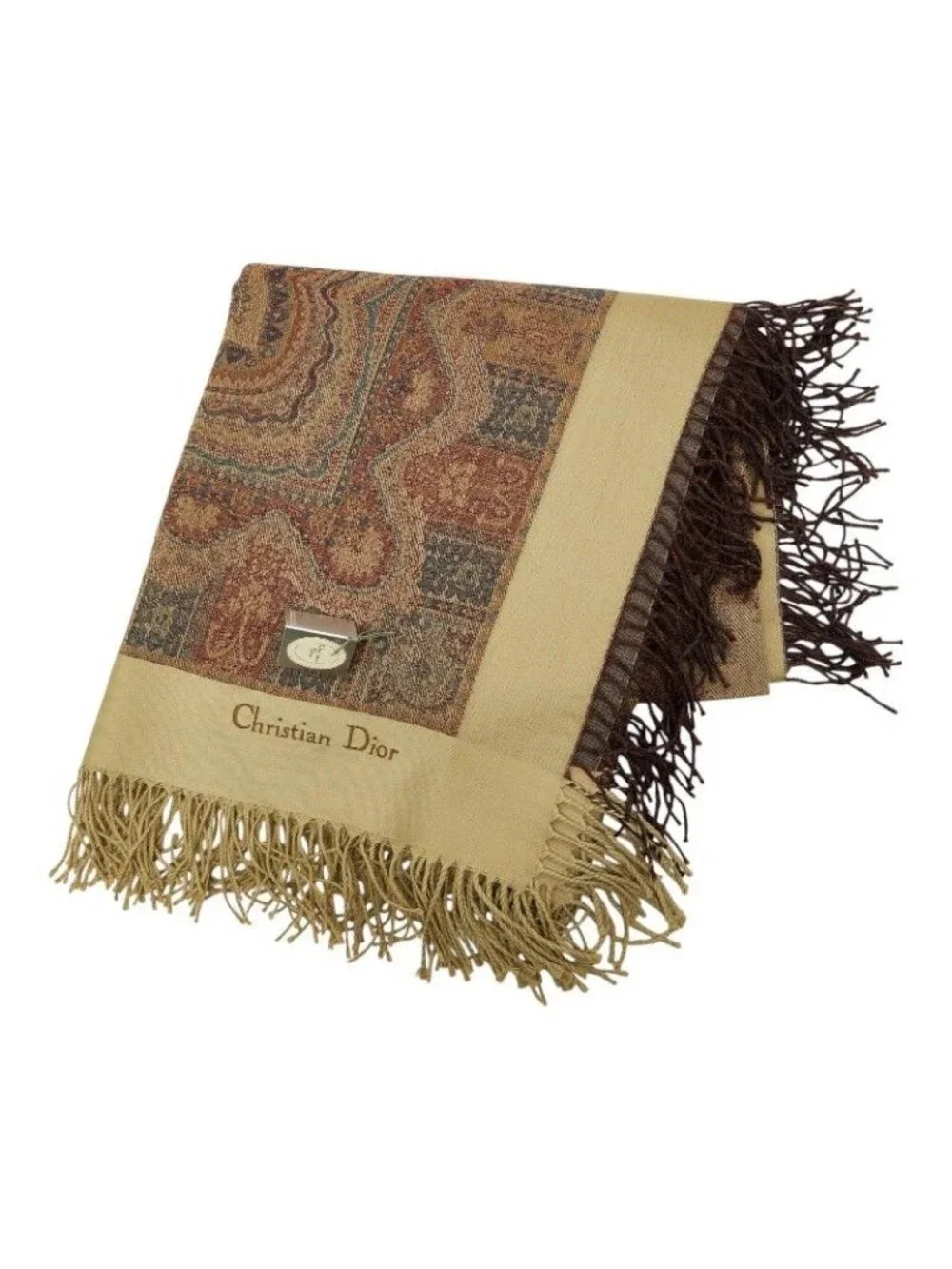 Dior Logo Paisley Fringe Shawl Beige Brown Wool Scarf
